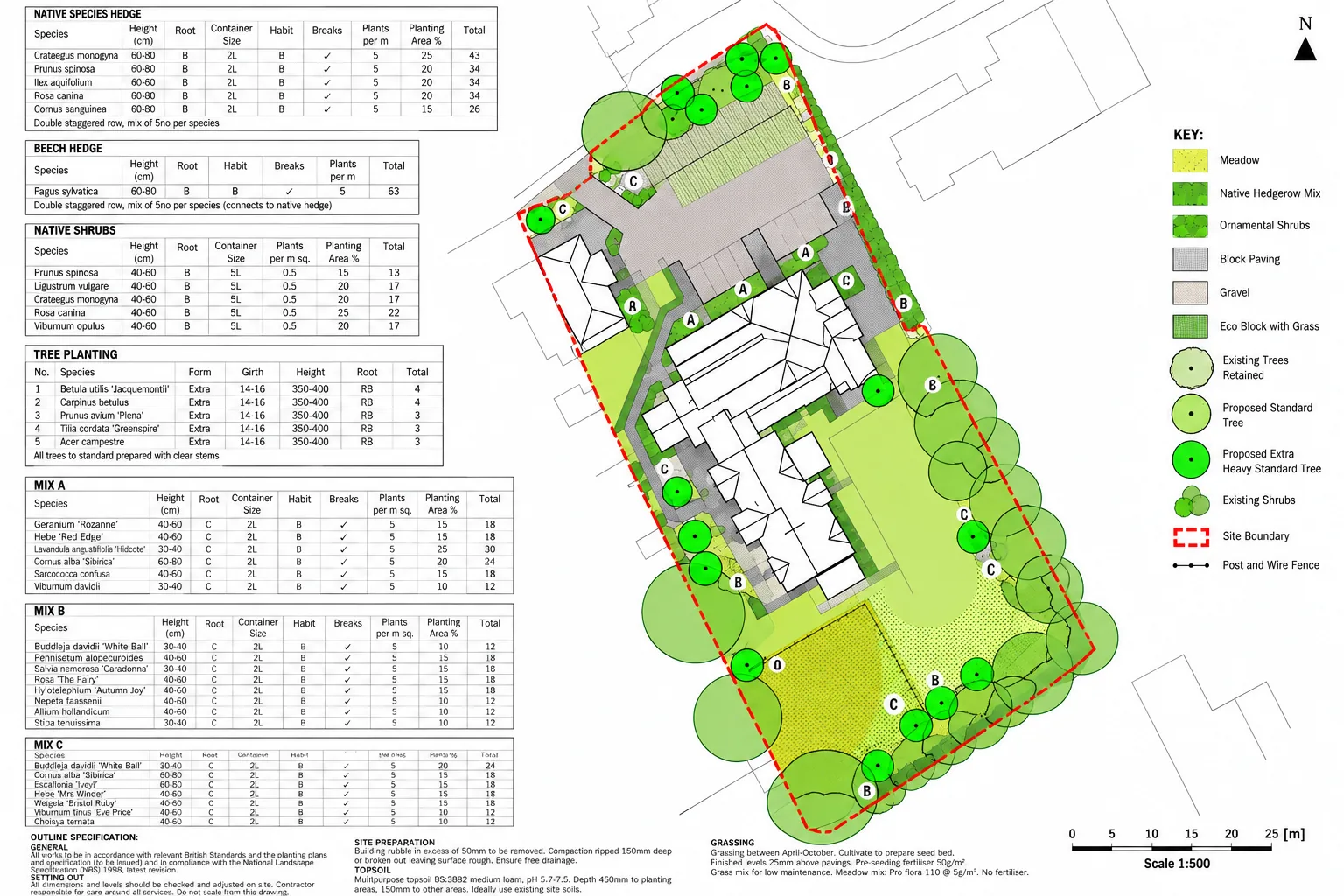 Anonymised landscape masterplan showing a residential development layout, retained trees and proposed landscaping